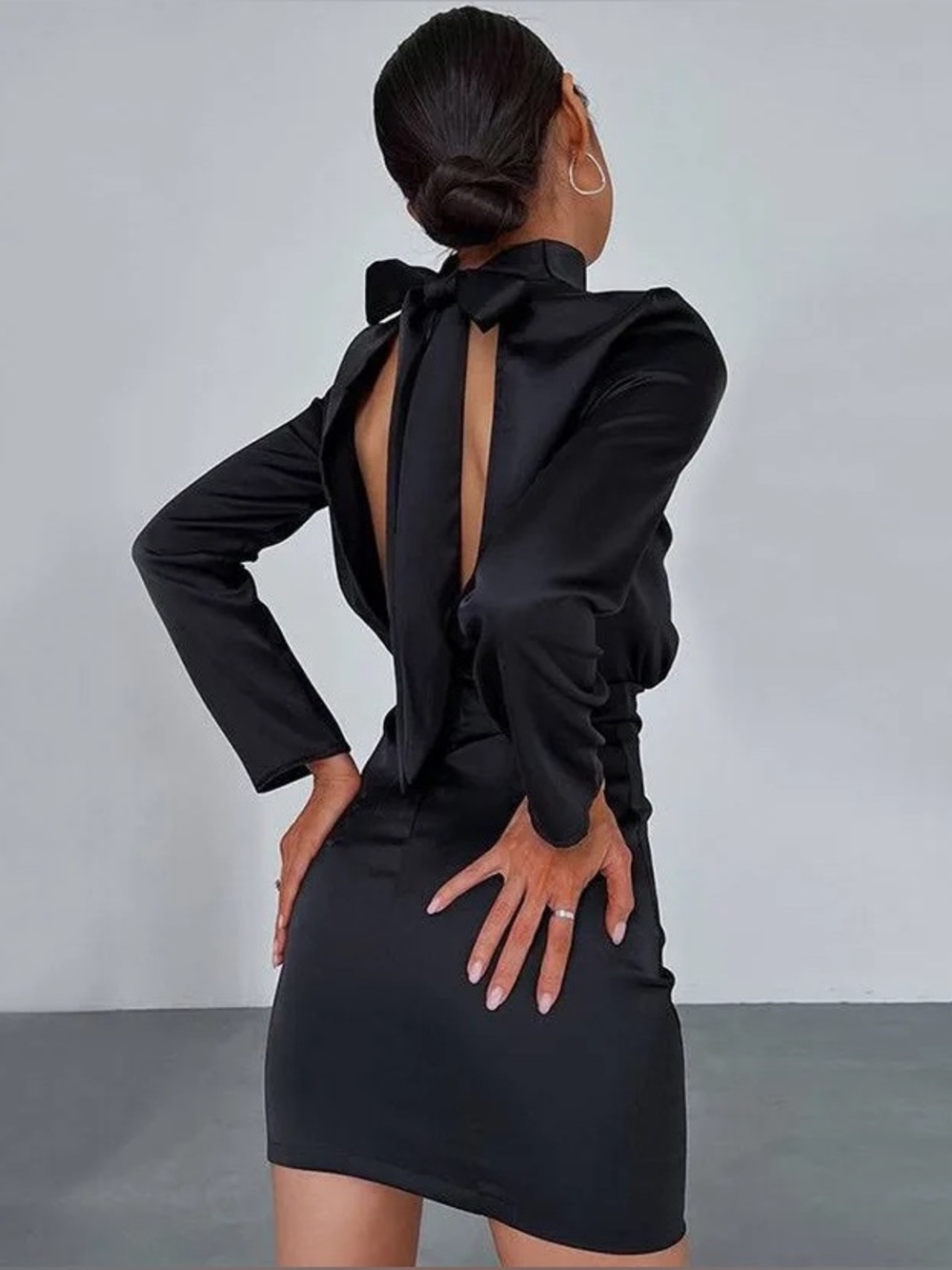 Commense Satin Mockneck Open Back Mini Dress in black,medium
